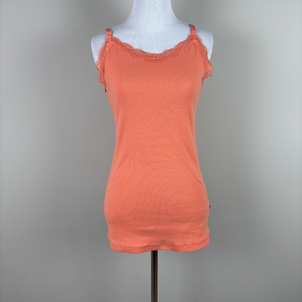 Vtg Y2K Faded Glory Tank Top Womens Large Orange Lace Trim Camisole Ribbed L